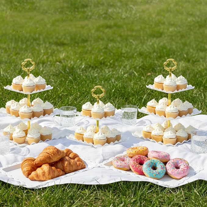 NWK 5 Piece Cake Stand Set with 2 x 3-Tier Cupcake Stands, 1 x2-Tier Cupcake Stands, 2 x Appetizer Trays, for Wedding Birthday Baby Shower Tea Party Decorations (5, Gold, Square)
