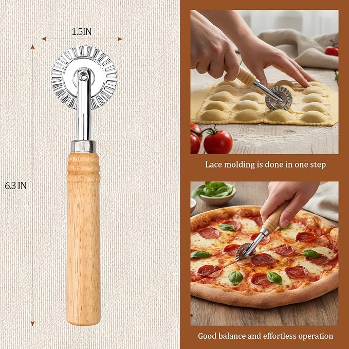 Long Handle Small Cutter Wheel - Exquisite Wooden Handle, Perfect for Pasta, Pizza, Ravioli, Cookie - Versatile Crinkle and Pastry Cutter for Effortless Slicing