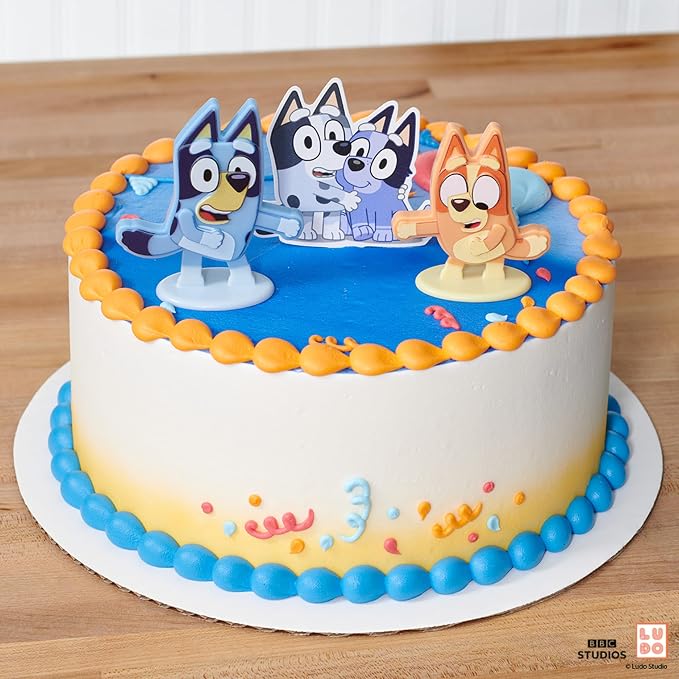 DecoSet® Bluey Dance Mode Cake Toppers, 3 Piece Cake Decoration With Bluey And Bingo Figurines and Muffin & Socks Poly Pic, For Birthday, Parties, Celebration