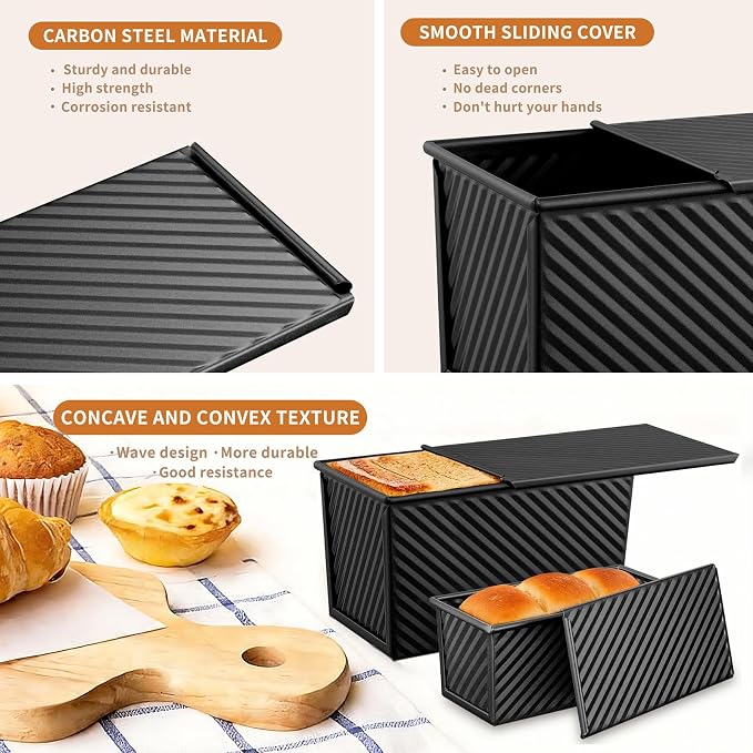 3 Pack Pullman Loaf Pan with Lids, Non-Stick Bread Loaf Pan, Heavy Duty Carbon Steel Corrugated Toast Box for Baking, Square Bread Pans for Homemade Sandwich, Bakeware (Black)