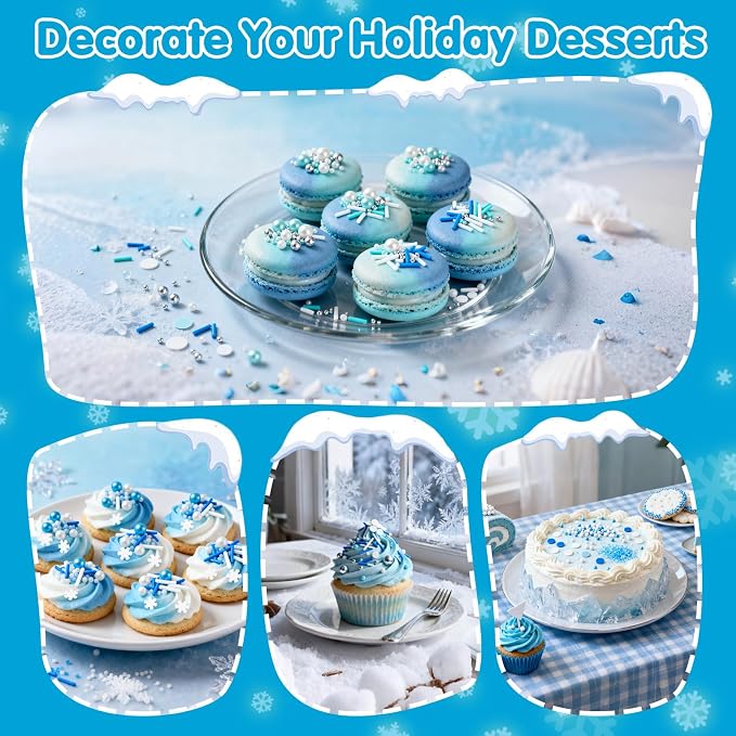 Edible Blue Silver White Sprinkles,Winter Jimmies Pearls Mix,130g/4.58oz,Perfect for Cake Decorations,Cake and Cupcake Sprinkles with Assorted Shapes and Sizes for Parties Baking,Ice Cream,Cookies,Cupcake Topper,Baby Shower Party Decorating Supplies