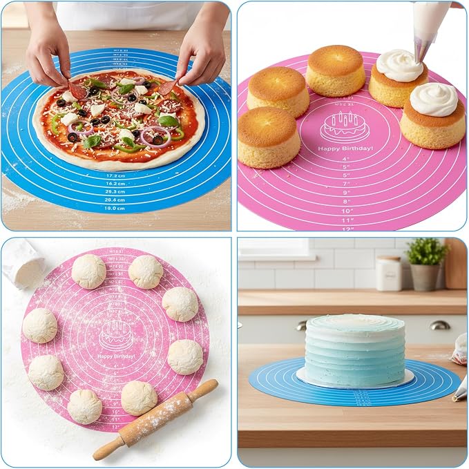 2 Pcs Silicone Cake Mat, 12 Inch Round Silicone Baking Mat with Measurements Pink Blue Turntable Pastry Mats Non-Stick Heat Resistant Reusable Cookie Pad for Rolling Dough Pizza Pan