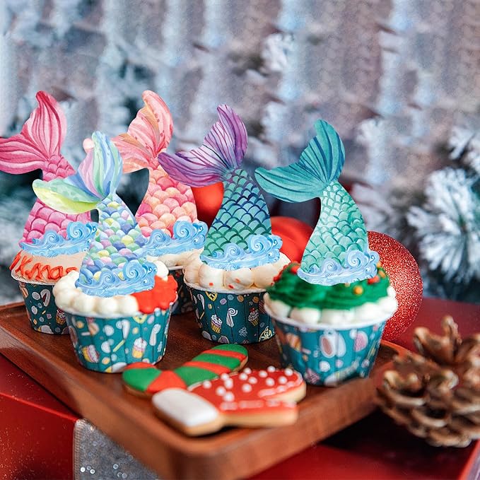 48Pcs Edible Mermaid Tail Cupcake Toppers Wafer Paper Mermaid theme Birthday Party Baby Showers Party Decoration