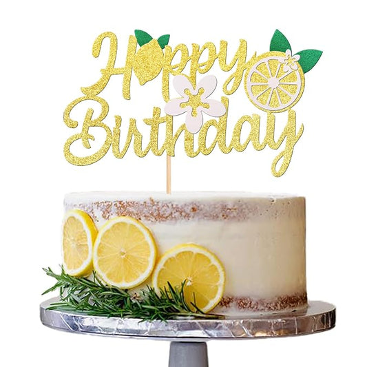 1 PCS Lemon Happy Birthday Cake Topper Assembled Glitter Fruit Theme Lemonade Party Cake Pick Decorations for Lemon Theme Baby Shower Kids Boys Girls Birthday Party Supplies