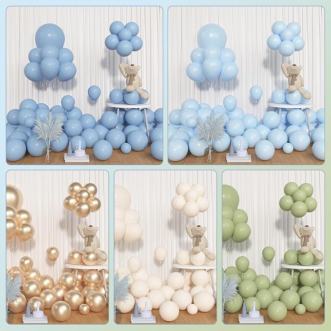Amandir 153pcs Sage Green and Blue Balloon Garland Arch Kit, Different Sizes 18 12 10 5 inch Dusty Blue Sand White Latex Confetti Balloons for Boho Bridal Shower Birthday Party Decorations