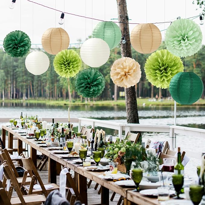 Sage Green-Boho Party-Decorations Paper Flowers Lanterns - 15PCS Birthday Gender Neutral Baby Shower Tissue Pom Poms Streamers, Champagne Gold Rustic Wedding Graduation Hanging Supplies Decor Hugfond