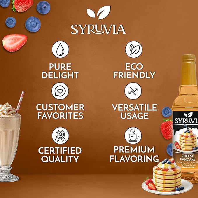 Syruvia Cheese Pancake Syrup, Naturally Flavored Syrup for Specialty Drinks, Lemonades, Iced Teas, and Desserts – 25.4 fl oz - with Pump