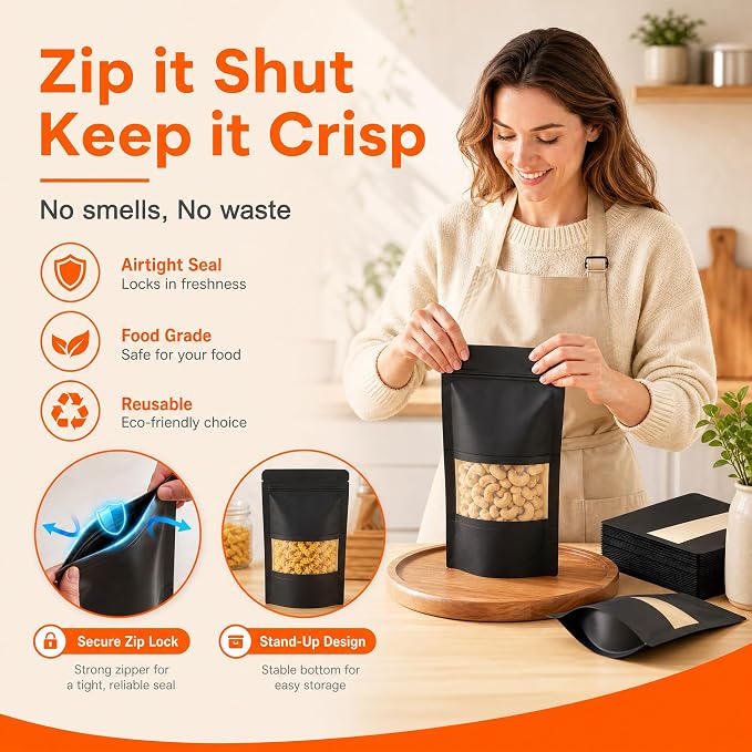 100 Pcs Black Kraft Paper Bags with Window, 3.5" x 5.5" Stand Up Pouches Bags, Food Storage Bags for Packaging Products, Reusable, Sealable
