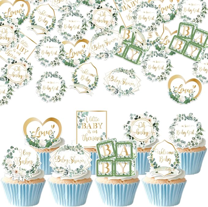 64 PCS Edible Oh Baby Cupcake Toppers Wafer Paper Love Baby Shower Cake Decorations Edible Baby in Bloom Welcome Baby Boy Cupcake Picks for Baby Shower Boys Birthday Party Decorations Supplies