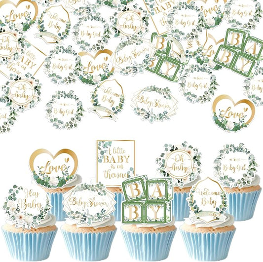 64 PCS Edible Oh Baby Cupcake Toppers Wafer Paper Love Baby Shower Cake Decorations Edible Baby in Bloom Welcome Baby Boy Cupcake Picks for Baby Shower Boys Birthday Party Decorations Supplies
