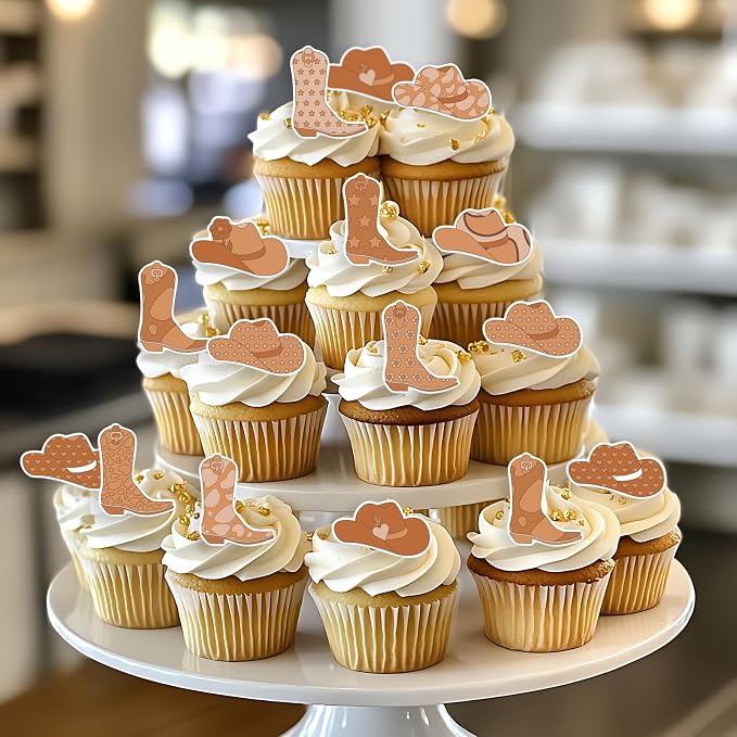 36PCS Edible Cowboy Cupcake Toppers Wafer Paper Brown Horse Boots Hat Cupcake Picks Edible Rodeo Cake Decorations for Western Horse Racing Theme Birthday Baby Shower Party Supplies