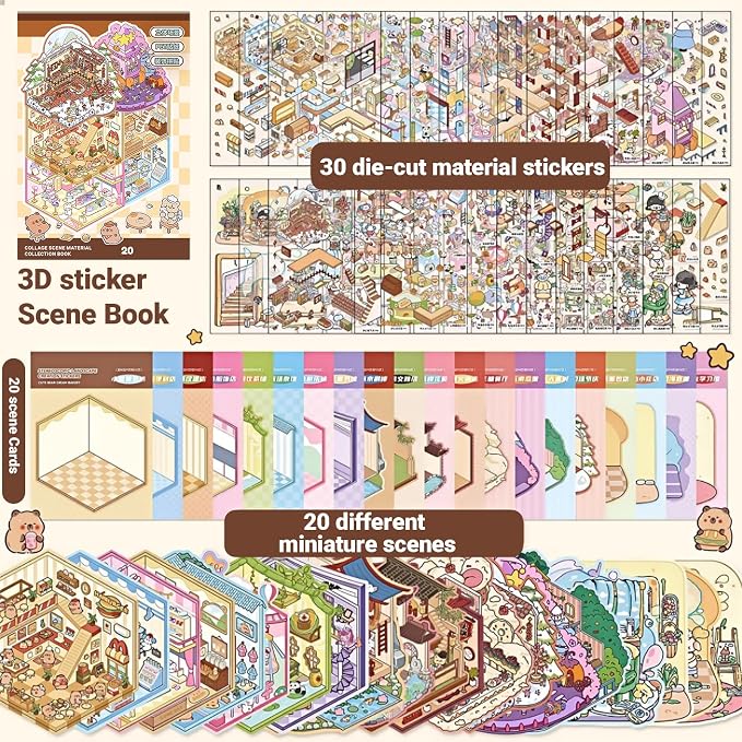 20 Sets DIY 3D Sticker Scene Collection Book for Kids Adults Cute Make Your Own Shop House Stickers for Gifts Stickers Therapy for Adult Relief Stress Pass The Time Play Park Hamburg Castle Library