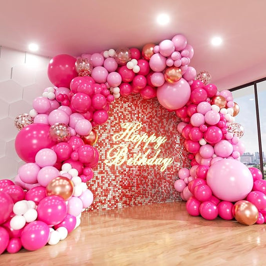 Pink Balloons Arch Kit, 160Pcs Hot Pink Balloon Garland Kit Metallic Rose Gold Confetti Balloons for Birthday, Princess Theme, Engagements, Galentine's Day, Valentine's Day Party Decoration