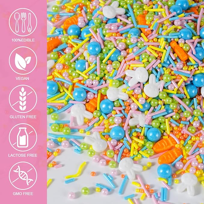Easter Sprinkles Mix, 120g Bunny Rabbit and Carrot Shaped Sprinkles with Pearls Nonpareils and Jimmies, Pastel Edible Cake Decorating Sprinkles for Easter Baking, Ice Cream, Cupcakes & Spring Cookies, 4.2oz