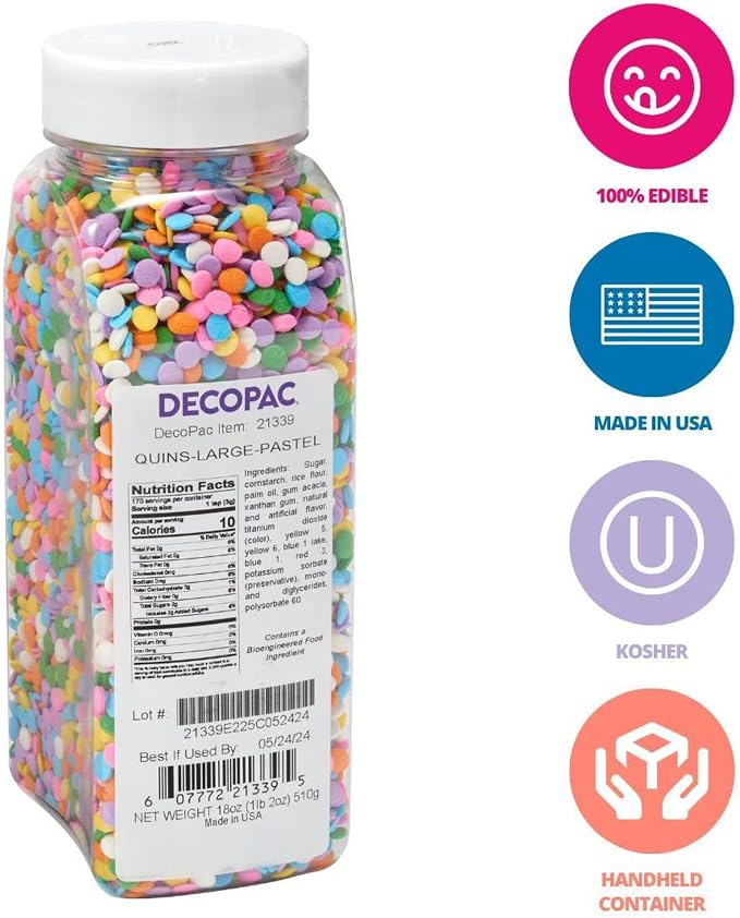 DECOPAC Quins Fancy Sprinkles, 19.5oz, Candy Sprinkles in Handheld Container, Edible Sprinkles For Celebration Cakes, Cupcakes, Cookies - Large Pastel Quins