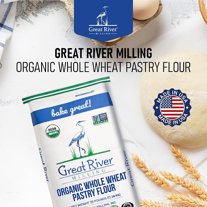 Great River Milling Organic Whole Wheat Pastry Flour | Soft Texture, Lower Gluten | USDA Organic, Non-GMO, Kosher | Ideal for Muffins, Cookies, Cakes & More | 25 Lb (Pack of 1)