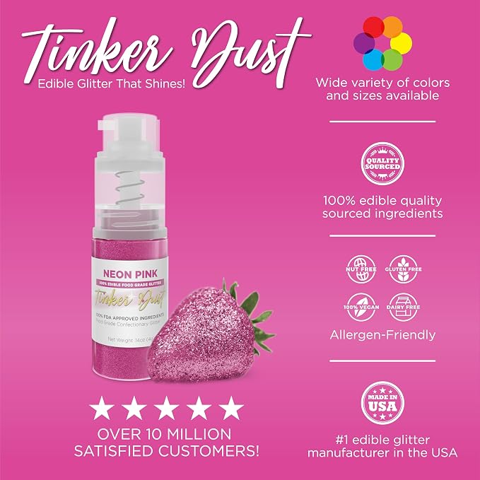 Bakell - Neon Pink Tinker Dust (4g, 1x Mini Spray Pump) Edible Glitter for Food, Desserts, and Baked goods!