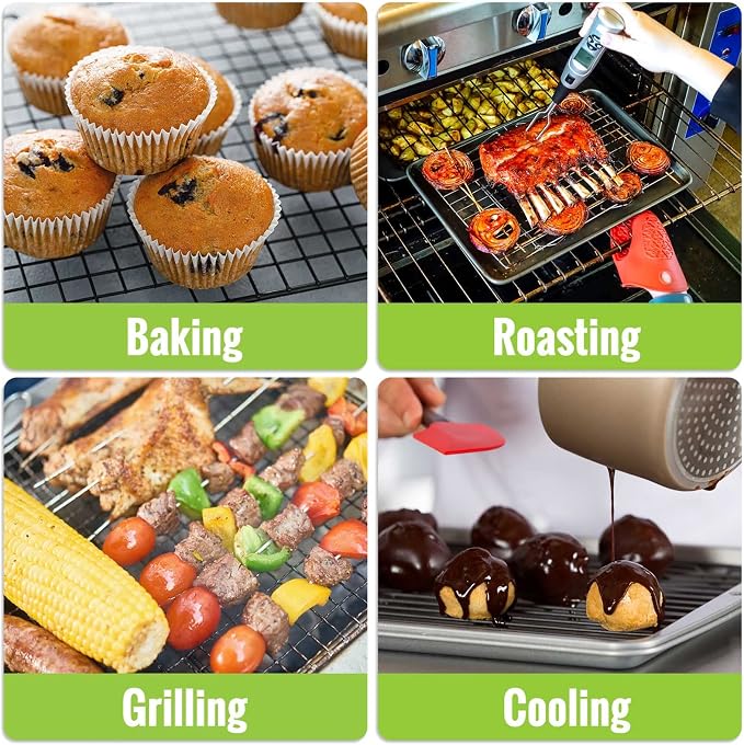 HULISEN 4 Pack Cooling Racks - 16" x 10", Nonstick Wire Baking Rack with Handle fits Half Sheet Pan for Cooking, Roasting, Grilling, Drying, Metal Mesh Cookie Rack for Cooling Cake, Oven Safe