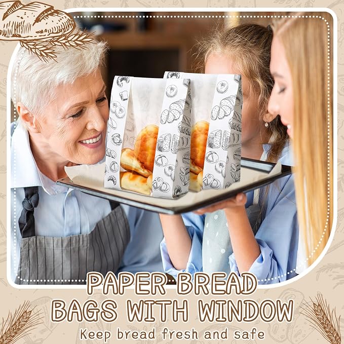 MotiMind 100 Packs Paper Bread Bags for Homemade Bread Sourdough 14 x 8.3 x 3.5 Inches Kraft Paper Bakery Bag with Window Label Seal Sticker for Baked Food Packaging Storage(White)