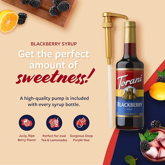Torani Blackberry Syrup for Drinks, Flavoring for Iced Tea, Lemonade, and Sodas, Glass Bottle with Pump Included, 25.4 Fl Oz