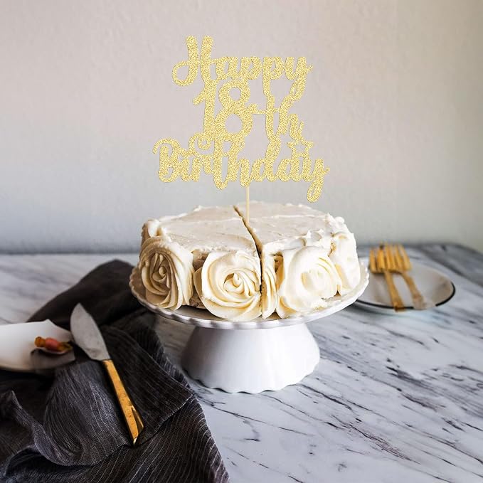 Gyufise 1Pc Happy 18th Birthday Cake Topper Glitter 18 & Fabulous Cheers to 18 Years Old Birthday Cake Pick for Celebrating 18th Birthday Party Cake Decorations Supplies Gold