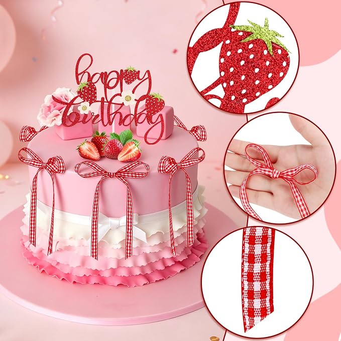 Hooqict 7Pcs Strawberry Cake Decorations Set with Happy Birthday Cake Toppers and Bows for Girls Sweet Strawberry Baby Shower Berry 1st Birthday Party Decorations Supplies