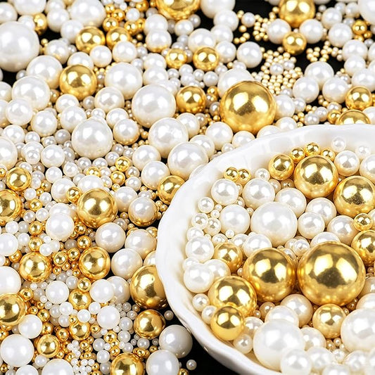 Gold White Pearl Sprinkles, 4.6 oz Edible Pearls for Cake Decorating, 6 Sizes Cake Sprinkles for Baking Cupcake Cookies Ice Cream Dessert