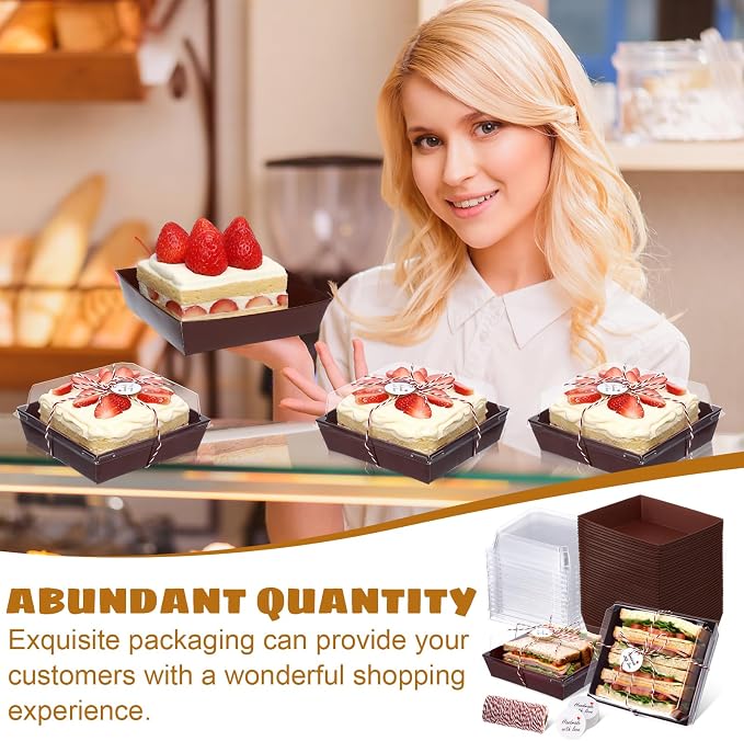 Outus 100 Pack Charcuterie Boxes with Clear Lids, Paper Dessert Boxes to Go with Gift Tags Rope Disposable Party Favor Treat Food Containers for Cookies, Donuts, Muffins, Salad, and Pastry