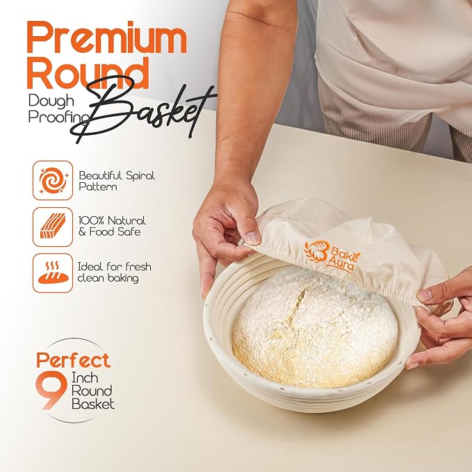 Bake Aura Sourdough Bread Proofing Basket Round 9 Inch – Pure Indonesian Rattan Banneton with Linen Liner, Splinter-Free & Food-Safe Artisan Dough Rising Bowl for Homemade Bread