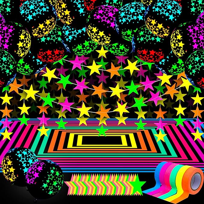 Skylety 32 Pcs Glow in The Dark Party Supplies Neon Party Favors with 25 Fluorescent Balloon 6 Rolls 98.4 ft UV Blacklight Luminous Tape 14.4 ft Neon Streamer Garland for Adults(Cute Star)