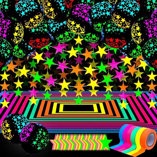 Skylety 32 Pcs Glow in The Dark Party Supplies Neon Party Favors with 25 Fluorescent Balloon 6 Rolls 98.4 ft UV Blacklight Luminous Tape 14.4 ft Neon Streamer Garland for Adults(Cute Star)