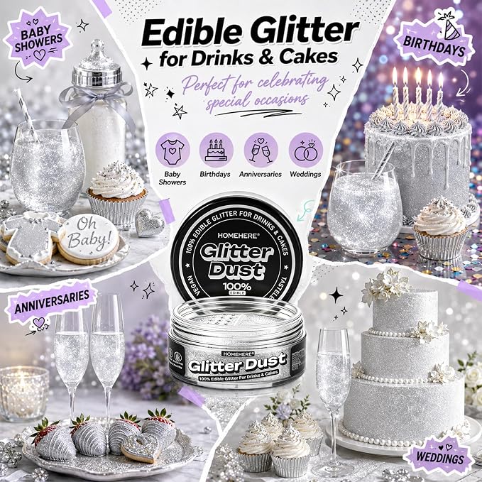 HomeHere Edible Glitter for Drinks & Cakes, 10g Food Grade Disco Diamond Glimmer Dust, Sparkle Powder for Cocktails, Chocolate, Baking Decorations, Vegan& Tasteless (Silvery)