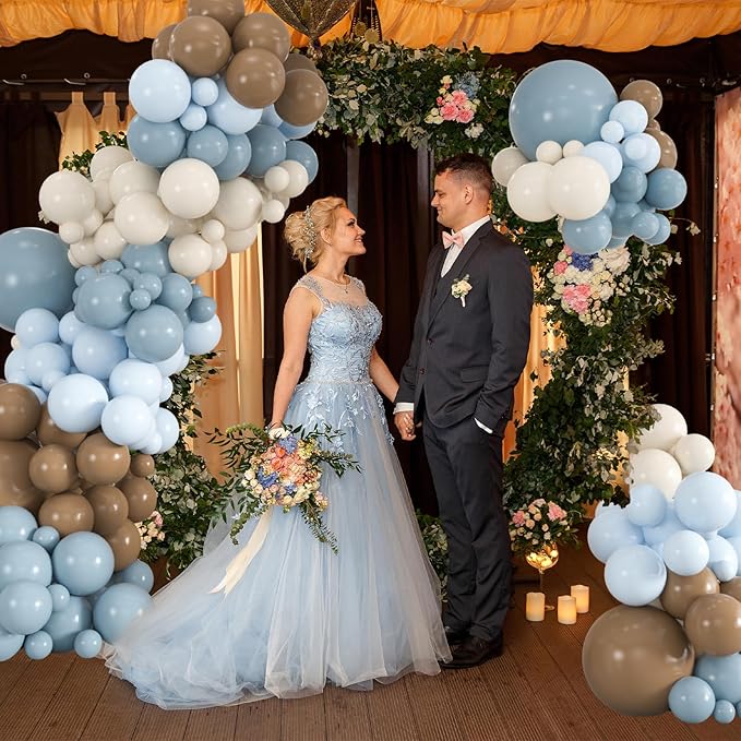 Premium 136pcs Dusty Blue & Brown Balloon Arch Kit – 18/12/10/5 Inch Neutral Sand White Balloons for Bear Baby Shower, Woodland Gender Reveal, Boho Wedding Party Decor