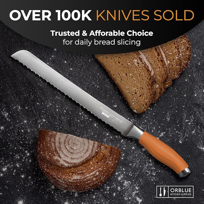 Orblue Serrated Bread Knife with 10-inch Upgraded Stainless Steel Razor Sharp Wavy Edge Width - Bread Cutter Ideal for Slicing Homemade Bagels and Cake (Tuscan Orange)