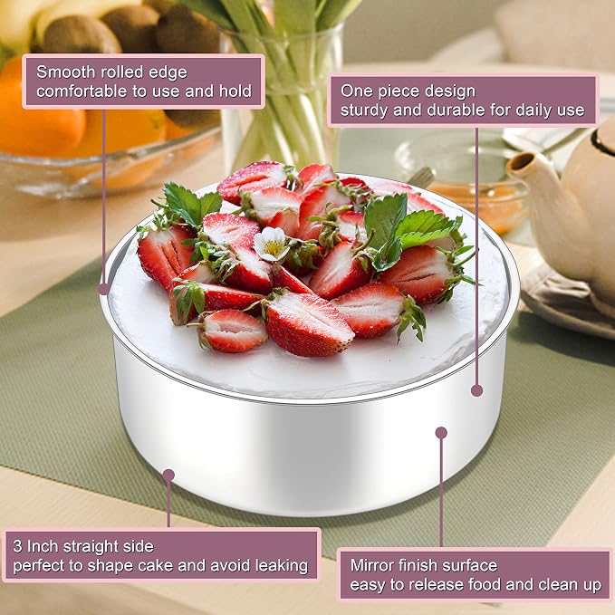 Herogo Cake Pans Set of 2, 6'' x 3'' Stainless Steel Deep Round Baking Pans, for Layer Birthday Wedding Christmas Cakes, Deep Side & One-piece Construction, Oven & Dishwasher Safe