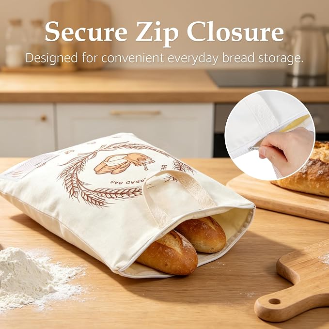 2 Pack Beeswax Bread Bags for Sourdough, 17x13 Inch Reusable Cotton Bread Storage Bags with Zipper and Handle Natural Beeswax Lining Freezer Friendly with 10 Food Labels Included (Wheat Wreath)