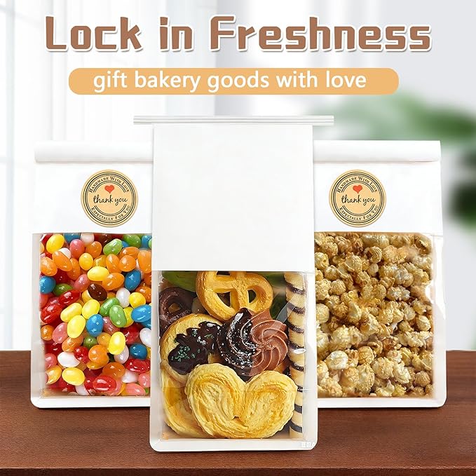 100 Pack White Cookie Bags with Seal, 8.2x3.9x3.1 Inch Tin Tie Tab Lock Bakery Bags with Window Resealable Paper Packaging Bag for Muffin, Candies, Scone, Brownie, Included 50 Thank You Stickers