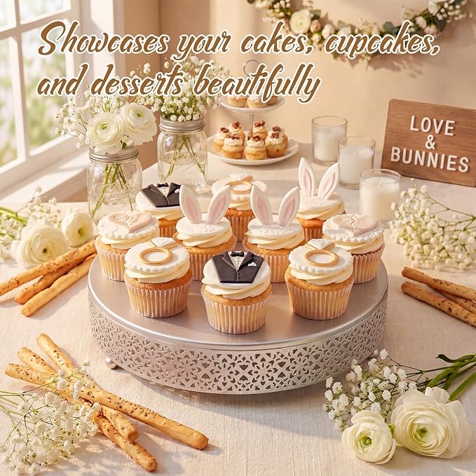 Wenqik 3 Pcs Cake Stand 16'' 14'' 12'' Round Metal Cake Stand Bases Display Holder Cookies Serving Tray Display Plate Cupcake Dessert Pastry Riser for Wedding Birthday Party(Vintage Style, Silver)