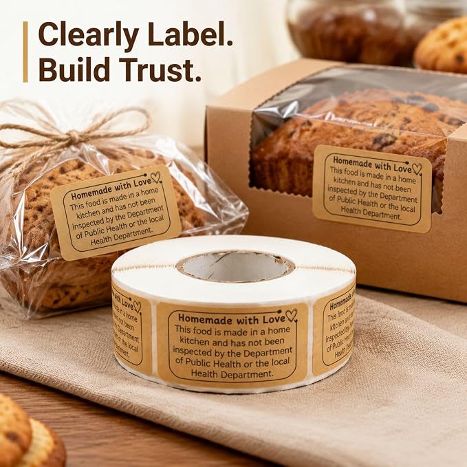 500PCS Cottage Food Law Labels Stickers, 2" x 1" Homemade Food Labels for Baked Goods, Cottage Law Labels for Home Bakery Supplies