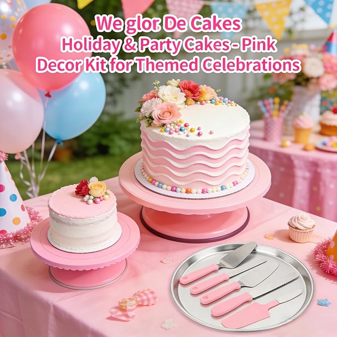 Cake decoration kit baking supplies cake turntable with 2 right angle spatulas and 3 smoothie scraper baking accessories for beginners and professionals, pink