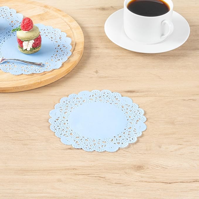 Restaurantware-Pastry Tek 6 x 6 Inch Placemat, 4000 Disposable Table Doilies - Elegant Lace Finish, Long Lasting, Sky Blue Paper Placemat, for Pastries, Cupcakes, Desserts