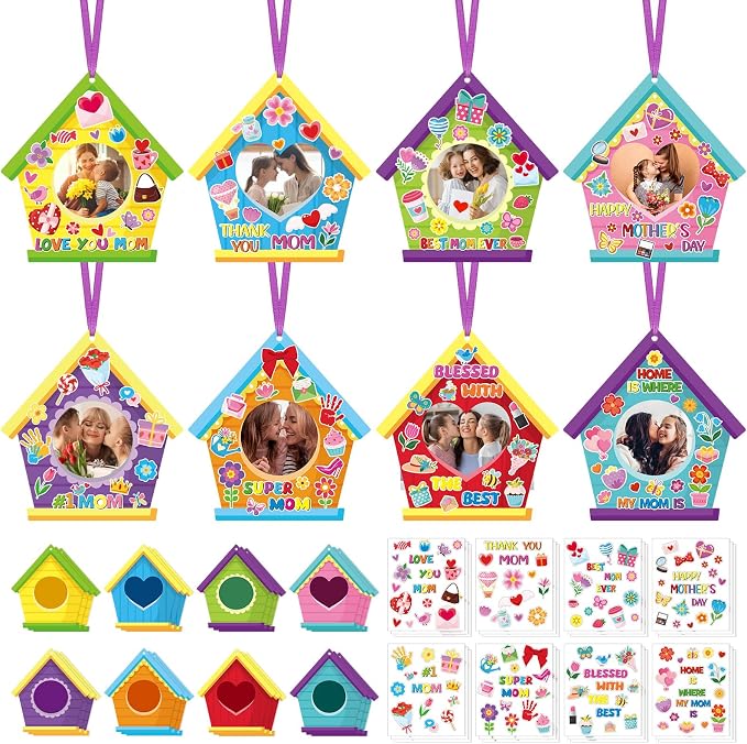 Dianelhall 24 Sets Mother's Day Picture Frame Craft Kit Love You Mom Photo Crafts Spring House Picture Frame Gift with Flower Stickers for Spring Mother's Day Classroom Holiday Party Activities(House)