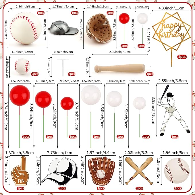 23Pcs Baseball Cake Toppers for Boys Baseball Cake Decorations with Baseballs Bat Glove Hat Player Red White Balls for Baseballs Themed Birthday Party Decorations Sports Theme Party Decoration