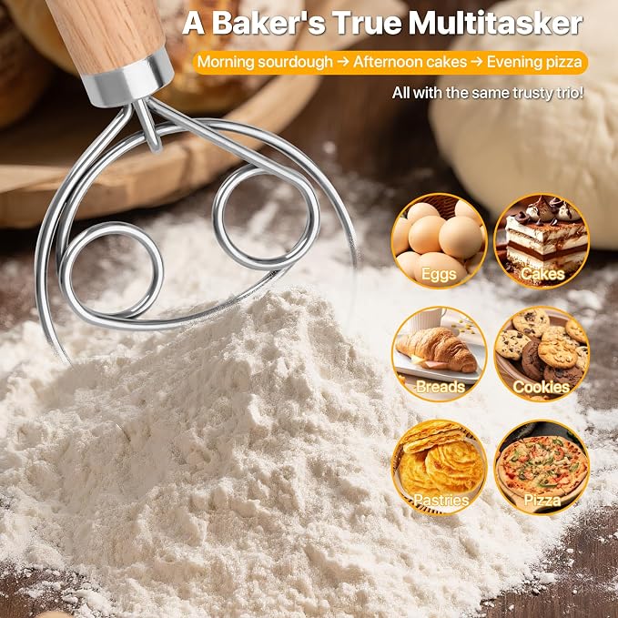 Sourdough Tool Kit, Danish Dough Whisk, Scraper, Lame with Scoring Blades, Wooden Bread Whisk with Metal Hook, Dutch Whisk Stirrer & Wisk Mixer, Baking Set for Making Mixing Whisking Sour Dough.