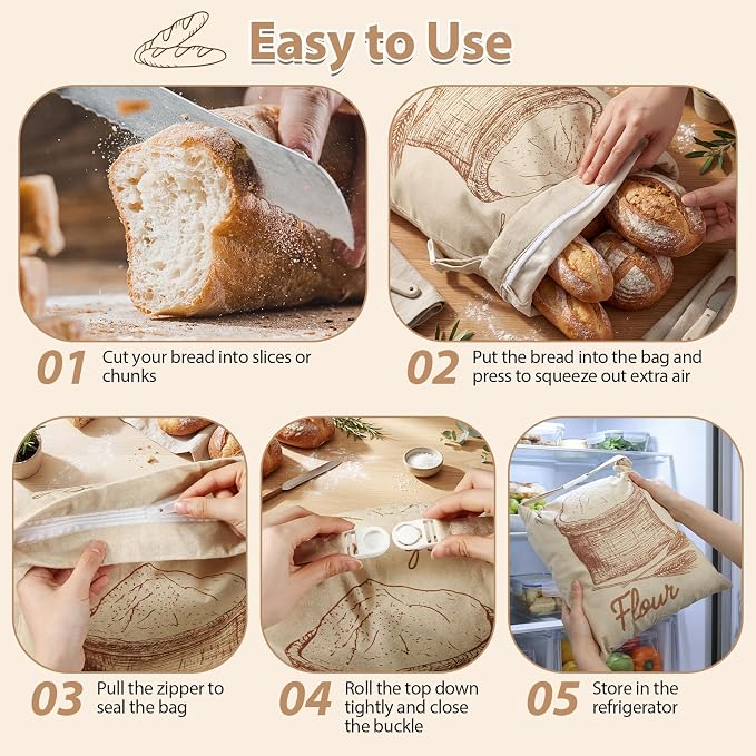 Hsei 5 Pack Beeswax Bread Bags for Sourdough & Homemade Bread 17 x 13'' XL Reusable Organic Linen Wraps with Sealing Zip for Fresh Food Storage Loaf Fresh Freezer Baker Gift