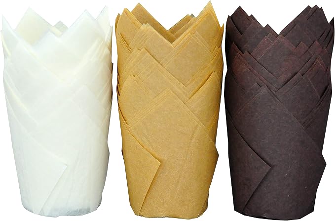 QLSmypkg Large Greaseproof paper Wrappers Muffin Baking cupcake cups liners, 2-1/4" x 4" Natural,Brown,White 3 colours in a box Tulip Baking Cups Holders 125 pcs (Large) (125, Multi 3)