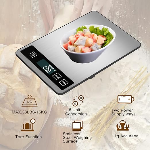 33lb/15kg Digital Kitchen Scale, Food Scale, High Capacity Weight Grams and Ounces for Baking Cooking and Meal Prep, 6 Units with Tare Function, LCD Display, Type-C Charging USB Rechargeable