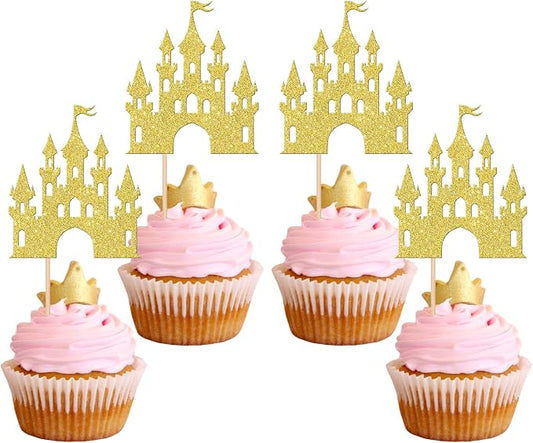 24 PCS Castle Cupcake Topper Princess Cupcake Toppers Castle Theme Birthday Party Decorations Queen Castle Cupcake Picks for Princess Prince Birthday Baby Shower Party Cake Decorations Supplies Gold