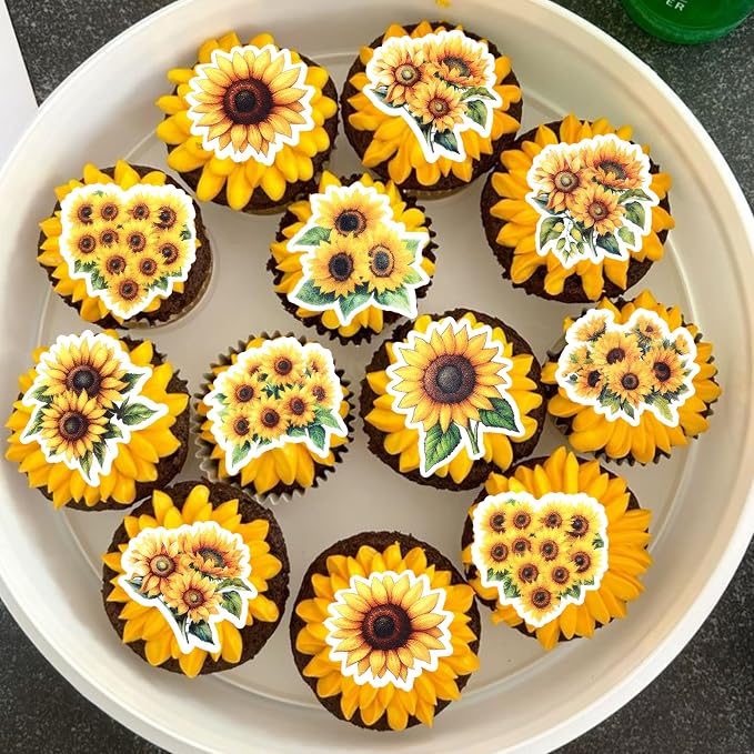 63 PCS Edible Sunflower Cupcake Toppers Wafer Paper Flower Party Cake Toppers Decorations Edible Sunflower Cupcake Picks for Baby Shower Wedding Birthday Party Cake Decorations Supplies
