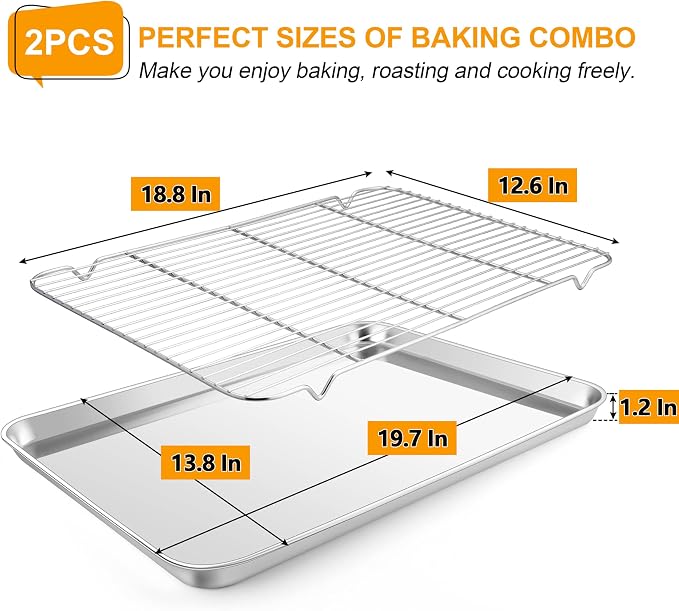 Homikit Baking Sheet with Rack (1 Pan + 1 Rack), 20" x 14" Stainless Steel Large Cookie Sheets for Baking, Big Bacon Baking Tray with Cooling Rack for Roasting Cooking, Nonstick & Dishwasher Safe